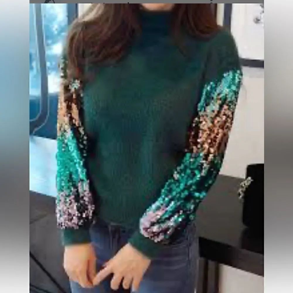 Wishlist pullover Sweater Green Purple Sequins Holiday Super Soft Large Like New